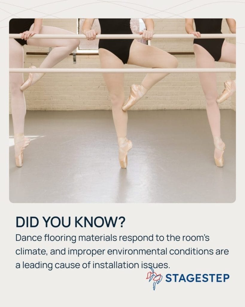 Ballet dancers practicing at the barre on a professionally installed dance floor, highlighting how proper dance floor installation and environmental conditions support safety and performance.